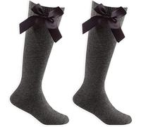 COSHAL® 2 Girls Knee High School Cotton Socks with Fluffy Ribbons Bow, Back to School Sock's Uniform Party Comfort Fit Long Socks Stocking Girls Knee High Kids School Sock Size 9-12 Grey KHB