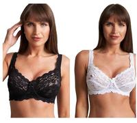COSHAL® 2 Wired Bras Womens Floral Lace Underwired Bra Full Coverage Lace Bra - Soft Cup Non-Padded Push up Bra with Adjustable Straps Women Every Day Black & White Bras Black & White 36C