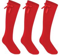COSHAL® 3 Girls Knee High School Cotton Socks with Fluffy Ribbons Bow Back to School Sock's Uniform Party Wear Socks Kids Long Sock Size 12-3 Red KHB