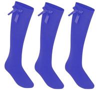 COSHAL® 3 Girls Knee High School Cotton Socks with Fluffy Ribbons Bow Back to School Sock's Uniform Party Wear Socks Kids Long Sock Size 12-3 Royal Blue KHB
