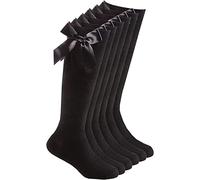 COSHAL® 3 Pairs Girls Knee High School Cotton Socks with Fluffy Ribbons Bow Back to School Sock's Uniform Party Comfort Fit Socks Stocking Girls Bow Knee High Kids School Sock (9-12) Black KHB