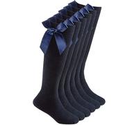 COSHAL® 3 Pairs Girls Knee High School Cotton Socks with Fluffy Ribbons Bow Back to School Sock's Uniform Party Comfort Fit Socks Stocking Girls Knee High Kids School Sock Size (4-6) Navy