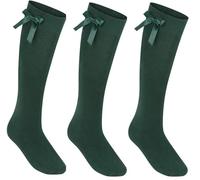 COSHAL® 3 Pairs Girls Knee High School Socks Cotton Socks with Fluffy Ribbons Bow Back to School Socks Girl's Uniform Party Wear Multipack Socks Kids Long Socks (Pack 3)