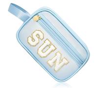 COSHASYOO Clear Makeup Bags with Strap Preppy Chenille Letter Patch Cosmetic Zipper Pouch, Small Cute Travel Toiletry Make Up Gifts Storage Purse Organizer for Women Teens Girls, Blue-SUN