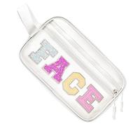 COSHASYOO Clear Makeup Bags with Strap Preppy Chenille Letter Patch Cosmetic Zipper Pouch, Small Cute Travel Toiletry Make Up Gifts Storage Purse Organizer for Women Teens Girls, White-FACE, Preppy