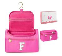 COSHAYSOO Christmas Valentines Galentines Day Fall Travel Gifts for Women Friend Sister Bestie Happy Birthday Party Favor Present, Large Hanging Toiletry Bag Skin Care Toiletries Hot Pink Letter F