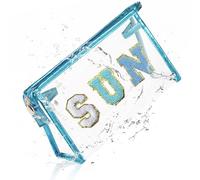 COSHAYSOO Clear Makeup Bag Preppy Sunscreen Skin Beach Travel Zipper Pouch Cosmetic Stuff Make Up Organizer for Women Teen Girls, Trendy Cute Chenille Letter Patch Small Waterproof Purse (Blue Sun)