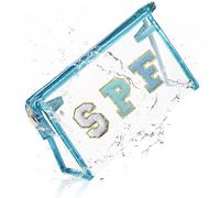 COSHAYSOO Clear Makeup Bag Sunscreen Pouch with Letter Patches Summer Beach Essential Stuff Accessories Birthday Christmas Gifts for Women Mom Teacher Nurse, Blue-SPF, Preppy