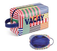 COSHAYSOO Colorful Striped Travel Makeup Bag with Embroidery, Waterproof PU Leather Cosmetic Pouch Toiletry Bags, Small Makeup Purse Pouch Skincare Organizer for Women Teen Girls, VACAY, Vacay