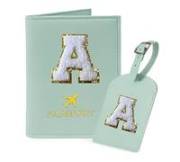 COSHAYSOO Green Passport Cover Holder and Initial Luggage Tag Set TSA Approved with Personalized Monogram Chenille Letter Patch for Women Teen Girls, Cute Travel Bag Suitcase Identifier (A)