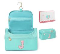 COSHAYSOO Initial Girls Hanging Travel Toiletry Bag Traveling Size Skincare Toiletries Bags Teen Girl Trip Gifts Favors, Summer Fall Camp Essentials for Teenage Sleepaway Sleepover Teal Blue Letter J