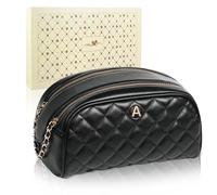 COSHAYSOO Initial Letter Quilted Makeup Bag Large Leather Monogram Cosmetic Bags for Women Travel, Black, A