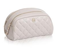 COSHAYSOO Initial Letter Quilted Makeup Bag Large Leather Monogram Cosmetic Bags for Women Travel, Taupe, G