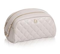 COSHAYSOO Initial Letter Quilted Makeup Bag Large Leather Monogram Cosmetic Bags for Women Travel, Taupe, D