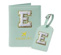 COSHAYSOO Initial Passport Cover and Luggage Tag Set for Women, Teal, E, E