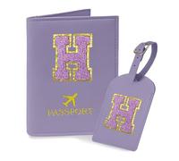 COSHAYSOO Initial Passport Cover Luggage Tag Set Letter Passport Holder Airplane Cruise Travel Essentials Vacation Traveling Accessories Personalized Gifts for Women Teen College Girls Purple H