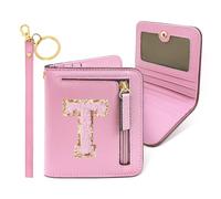 COSHAYSOO Initial Wallet RFID Small Bifold Slim Letter Wallet for Women Teenager Girls Travel Daily Necessities Credit Cards Money Cash Coin Organizer, Pink Chenille, Compact, T