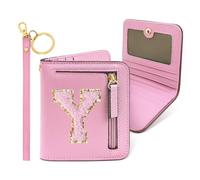 COSHAYSOO Initial Wallet RFID Small Bifold Slim Letter Wallet for Women Teenager Girls Travel Daily Necessities Credit Cards Money Cash Coin Organizer, Pink Chenille, Compact, Y