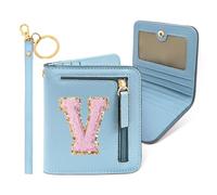 COSHAYSOO Initial Wallet RFID Small Bifold Slim Letter Wallet for Women Teenager Girls Travel Daily Necessities Credit Cards Money Cash Coin Organizer, Blue pink, Compact, V