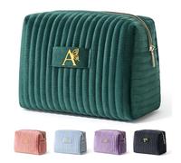 COSHAYSOO Mom Birthday Gift Ideas Mother of the Bride Groom Gifts for Mama New Mommy from Daughter Travel Makeup Bag Quilted Make Up Cosmetic Pouch Aesthetic Monogram Green Initial Letter A