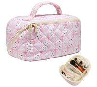 COSHAYSOO Personalized Large Quilted Makeup Bags for Women, Light pink, L, Rose Bowknot