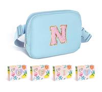 COSHAYSOO Small Waist Fanny Pack Belt Bag with Initial Letter Patch Adjustable Strap for Women Teen Girl Running Traveling Gym Hiking, Mini Crossbody Travel Purse Cross Body Trendy Preppy Pouch, Blue