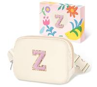 COSHAYSOO Small Waist Fanny Pack Belt Bag with Initial Letter Patch Adjustable Strap for Women Teen Girl Traveling Gym Hiking, Crossbody Travel Purse Cross Body Trendy Preppy Pouch, Ivory Chenille, S,