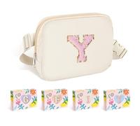 COSHAYSOO Small Waist Fanny Pack Belt Bag with Initial Letter Patch Adjustable Strap for Women Teen Girl Running Traveling Gym Hiking, Mini Crossbody Travel Purse Cross Body Trendy Preppy Pouch, Ivory