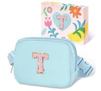 COSHAYSOO Small Waist Fanny Pack Belt Bag with Initial Letter Patch Adjustable Strap for Women Teen Girl Traveling Gym Hiking, Crossbody Travel Purse Cross Body Trendy Preppy Pouch, Blue Chenille, S,