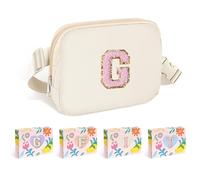 COSHAYSOO Small Waist Fanny Pack Belt Bag with Initial Letter Patch Adjustable Strap for Women Teen Girl Running Traveling Gym Hiking, Mini Crossbody Travel Purse Cross Body Trendy Preppy Pouch, Ivory