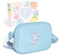 COSHAYSOO Small Waist Fanny Pack Belt Bag with Initial Letter Patch Adjustable Strap for Women Teen Girl Running Traveling Gym Hiking, Mini Crossbody Travel Purse Cross Body Trendy Preppy Pouch, Blue,