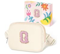 COSHAYSOO Small Waist Fanny Pack Belt Bag with Initial Letter Patch Adjustable Strap for Women Teen Girl Traveling Gym Hiking, Crossbody Travel Purse Cross Body Trendy Preppy Pouch, Ivory Chenille, S,