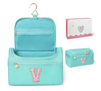 COSHAYSOO Summer Birthday Gifts for Women Her Beach Vacation Gift Ideas Personalized Travel Size Toiletries Organizer, Large Hanging Toiletry Bag Skincare Case Waterproof Traveling Teal Blue Letter V