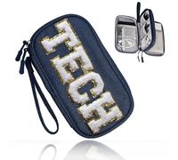 COSHAYSOO Tech Chenille Letter Patch Electronic Cable Organizer Bag, Essential Headphone Storage Case, Must Have Travel Accessories for Men Women, Navy, CH, Preppy