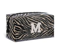 COSHAYSOO Zebra Print Personalized Makeup Bag with Pearl Initials for Women Girls, TPU Waterproof Travel Cosmetic Bags, Wedding Bridesmaid Gift, Birthday Gifts for Mom Daughter Sister (Initial M)