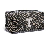 COSHAYSOO Zebra Print Personalized Makeup Bag with Pearl Initials for Women Girls, TPU Waterproof Travel Cosmetic Bags, Wedding Bridesmaid Gift, Birthday Gifts for Mom Daughter Sister (Initial T)