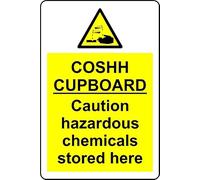 COSHH Cupboard Caution Hazardous Chemicals stored here Safety Sign - 1mm Plastic Sign (200mm x 150mm)