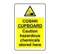 COSHH cupboard caution hazardous chemicals stored here safety sign - Self adhesive sticker - 200mm x 150mm
