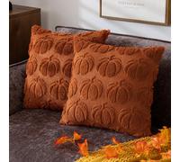 COSIBONO Pumpkin Fall Decorative Throw Pillow Covers 18"x18", Set of 2 Rust Red Soft Faux Fur Pillow Covers for Autumn Harvest, Fluffy Plush Accent Pillow Cases for Farmhouse Couch Cushion Covers