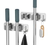 Cosicosy Mop Broom Holder, SUS304 Stainless Steel Mop Holder Wall Mounted 2 Racks with Hook Broom Hanger 2 Pcs Broom Holder Self-Adhesive/Perforated (Include Screws), Silver