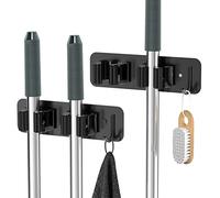 Cosicosy Mop Broom Holder, SUS304 Stainless Steel Mop Holder Wall Mounted 2 Racks with Hook Broom Hanger 2 Pcs Broom Holder Self-Adhesive/Perforated (Include Screws), Black