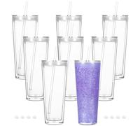 Cosictic 24 OZ Reusable Acrylic Snow Globe Tumbler with Pre Drilled Hole, Plastic Double Wall Snowglobe Tumbler with Clear Lid and Straw, （8 Pack）