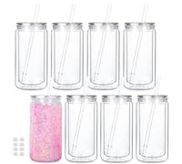 Cosictic 8 Pack Reusable Plastic Snow Globe Tumbler with Pre-drilled Hole. 16 Oz Double Wall Plastic Tumbler, with Clear Lid and Straw.