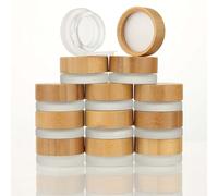 COSIDEA 18pcs Empty 1.7 OZ/50 ML Round Clear Glass Jars with Bamboo lids, Wooden Cream Jar Refillable Cosmetic Travel Containers for Lip Balm, Ointments, Lotion Packing (Frosted, 5g)