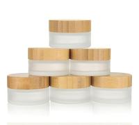 COSIDEA 5pcs Empty 1 OZ/30g Round Frosted Glass Jars with Bamboo lids, Bamboo Cream Jar Refillable Cosmetic Travel Containers for Lip Balm, Ointments, Lotion Packing