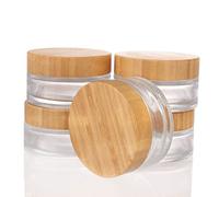 COSIDEA 5pcs Empty 3.33 OZ/100g Round Clear Glass Jars with Bamboo lids, Bamboo Cream Jar Refillable Cosmetic Travel Containers for Lip Balm, Ointments, Lotion Packing