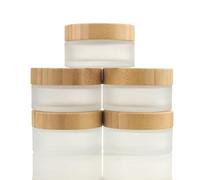 COSIDEA 5pcs Empty 3.33 OZ/100g Round Frosted Glass Jars with Bamboo lids, Bamboo Cream Jar Refillable Cosmetic Travel Containers for Lip Balm, Ointments, Lotion Packing