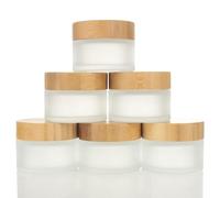 COSIDEA 6pcs Empty 1.7 OZ/50g Round Frosted Glass Jars with Bamboo lids, Bamboo Cream Jar Refillable Cosmetic Travel Containers for Lip Balm, Ointments, Lotion Packing