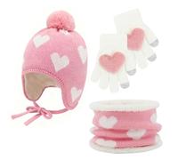 Cosiesnest Toddler Baby Winter Beanie Hat Scarf Gloves Set Hat Scarf and Glove Set Baby Heart Thermal Cap with Pom Hairball Warm Soft Cotton Knit Gifts for 0-4 Year Old Winter Girls (Pink)