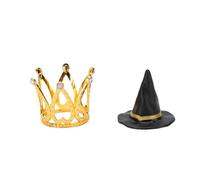 Cosiki 12 Set Mini Witch Hat and Princess Crown Cake Toppers, 12 Witch Hats and Crowns for Cupcake Decorations, with Zinc Alloy and Soft PVC, for Halloween Birthday Party Wedding (Gold)